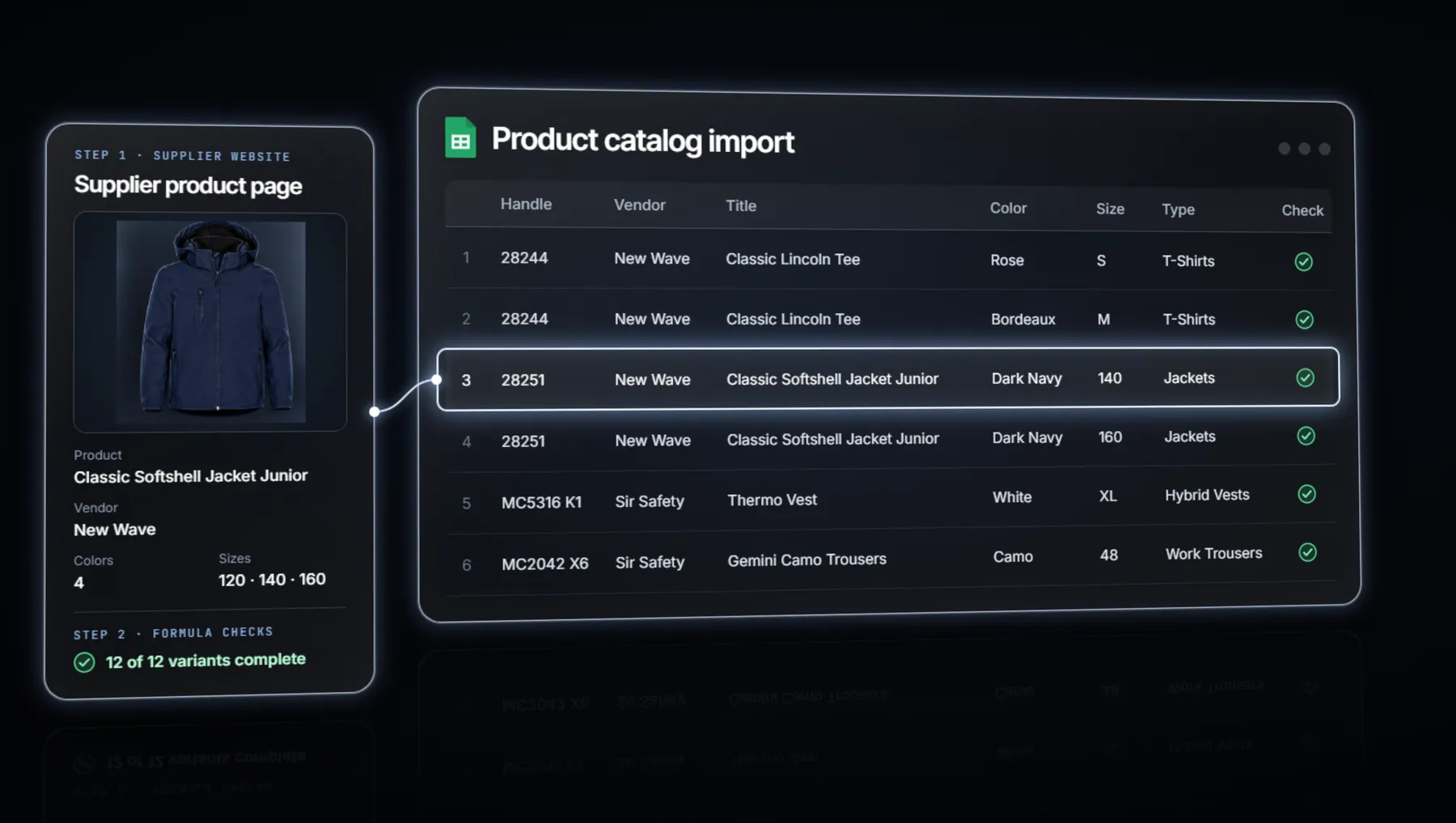 Supplier pages composed into one validated sheet